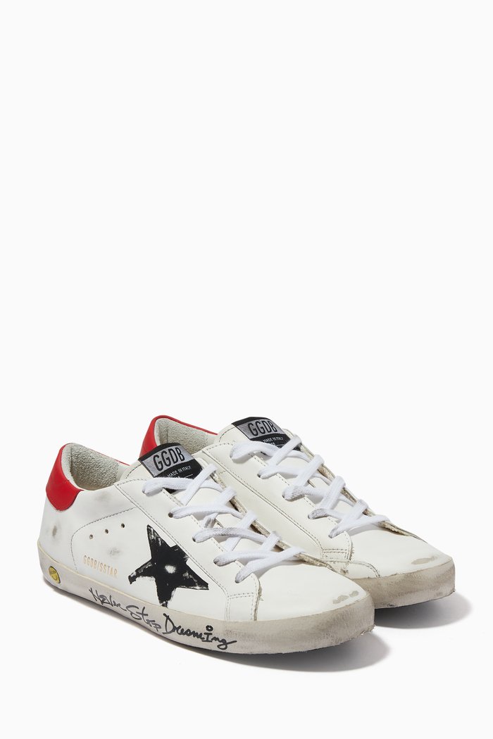 

Super-Star Sneakers with "Never Stop Dreaming" Lettering & Print Star in Leather, White