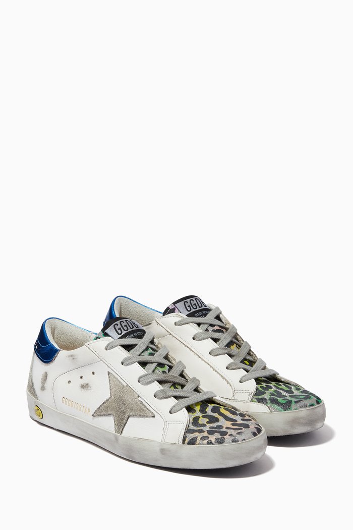 

Superstar Sneakers with Suede Star & Leopard-Print Insert in Leather, White