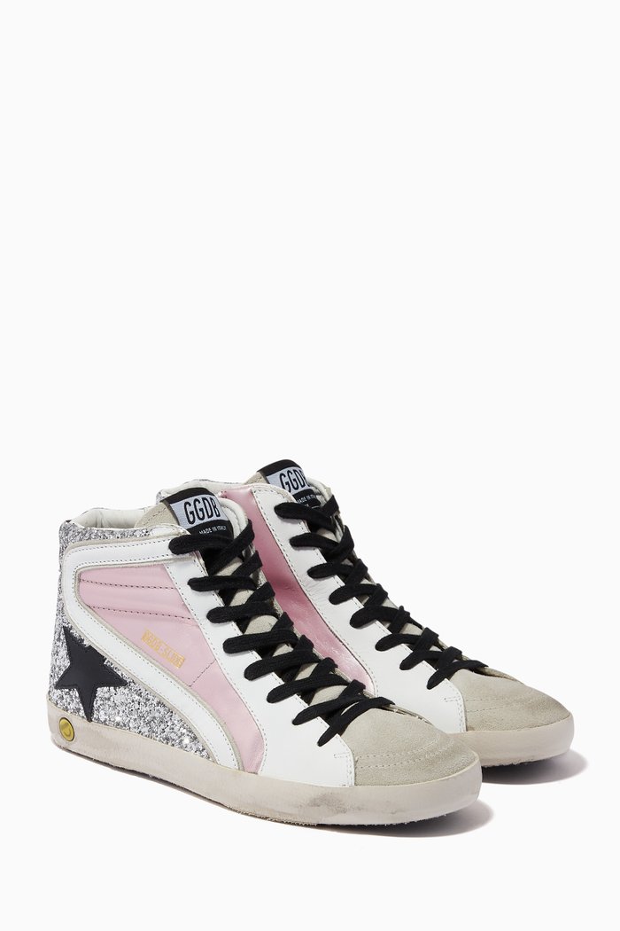 Francy Sneakers with Leather Star in Laminated Leather & Glitter, White