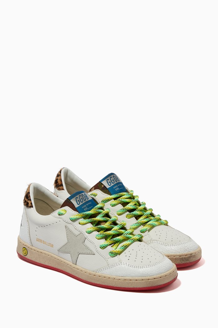 

Ball Star Sneakers with Suede Star & Leopard-Print Heel Tab in Leather, White