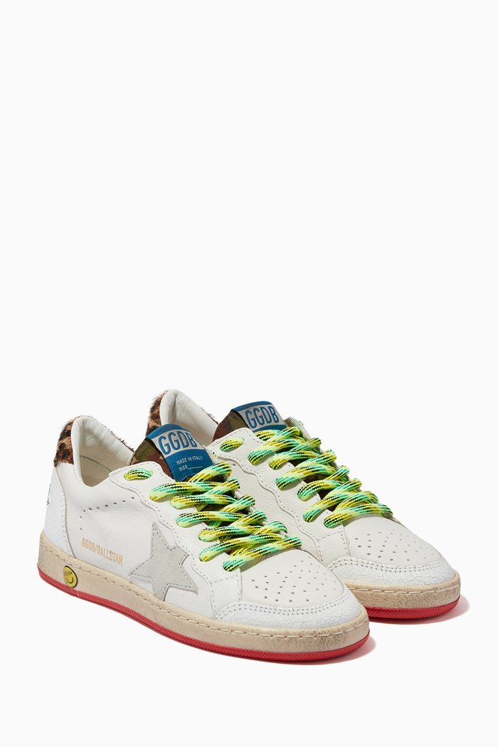 Ball Star Sneakers with Suede Star & Leopard-Print Heel Tab in Leather, White