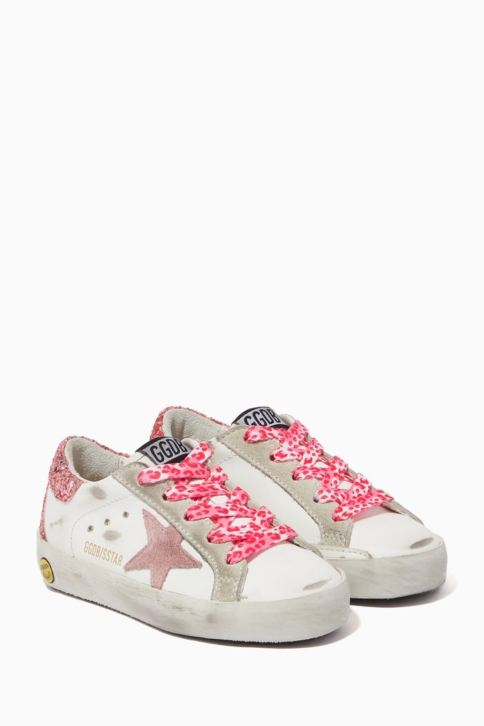 

Superstar Sneakers with Suede Star & Glittery Heel Tab in Leather, White