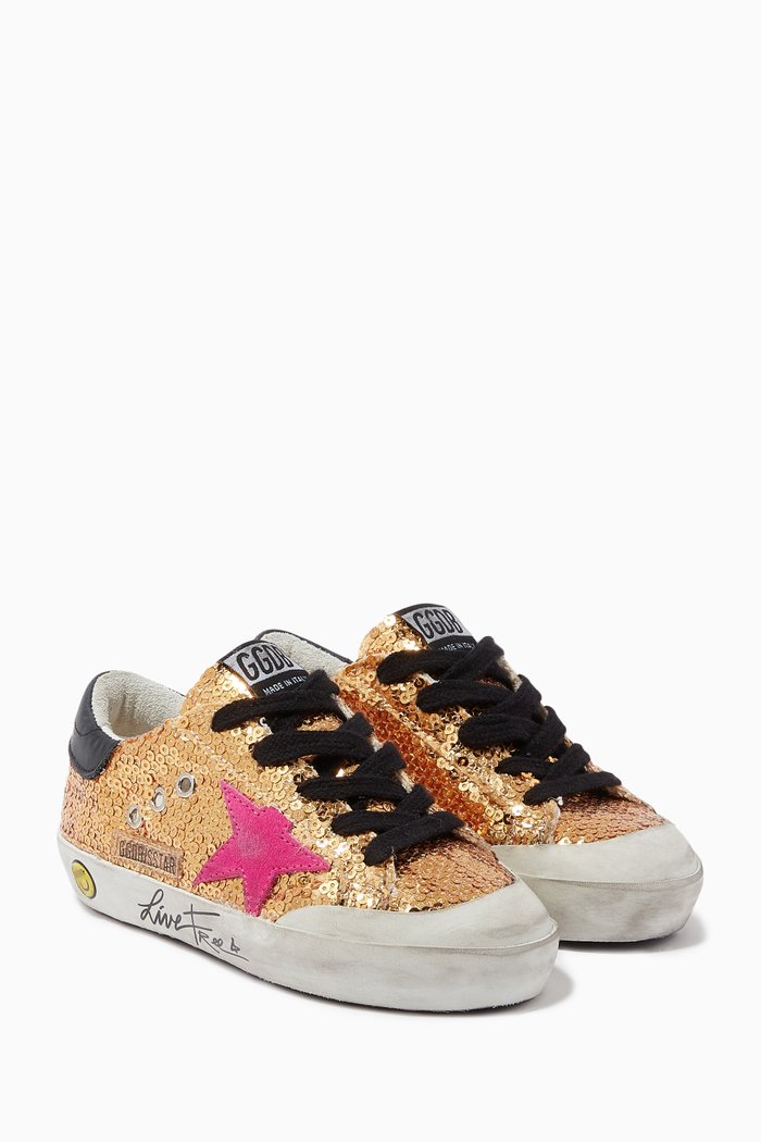 

Super-Star Sneakers with "Live Free" Lettering & Suede Star in Sequins, Gold