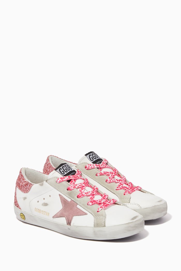 

Superstar Sneakers with Suede Star & Glittery Heel Tab in Leather, White