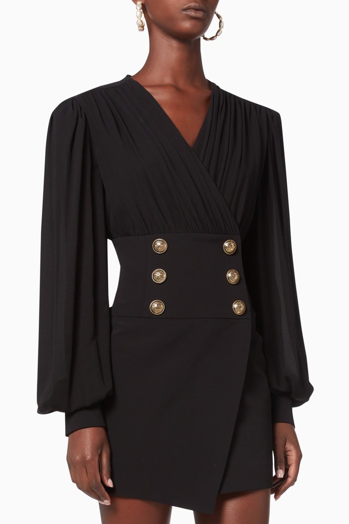 Buttoned Draped Crepe Dress, Black