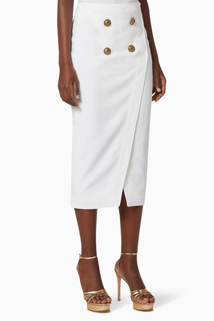 

Button-Embellished Serge Skirt, White