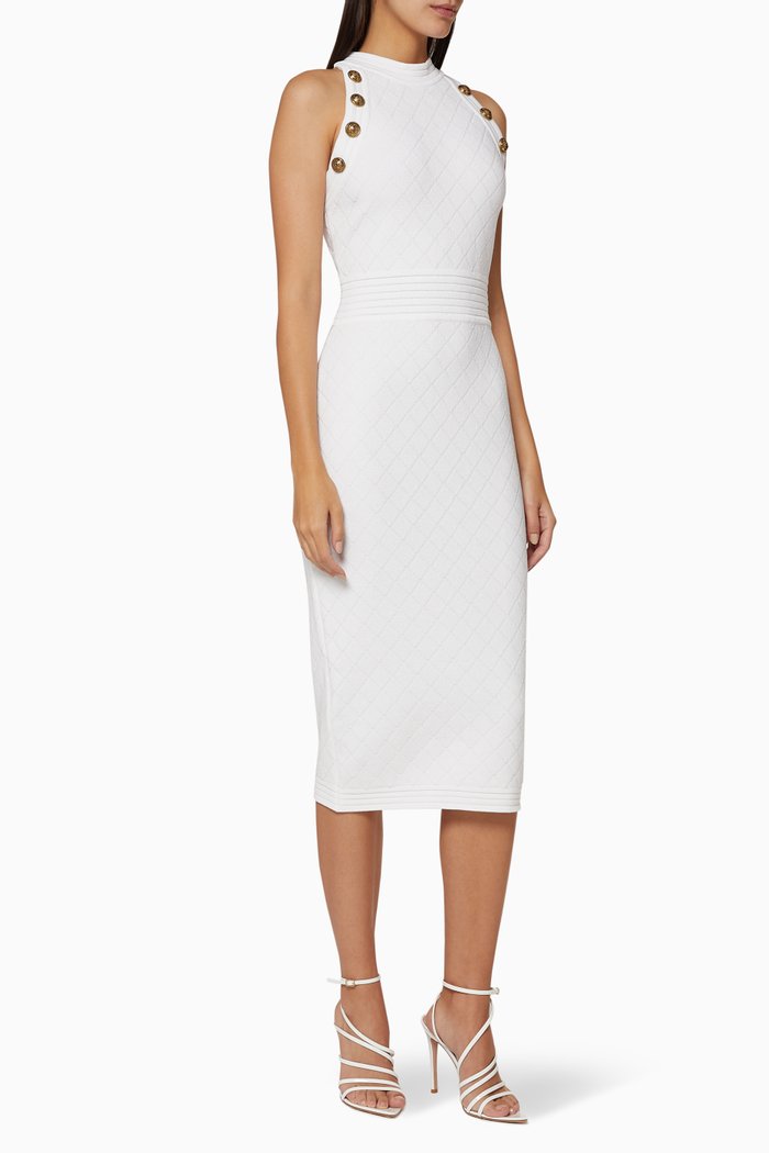 

Button-Embellished Wool Midi Dress, White