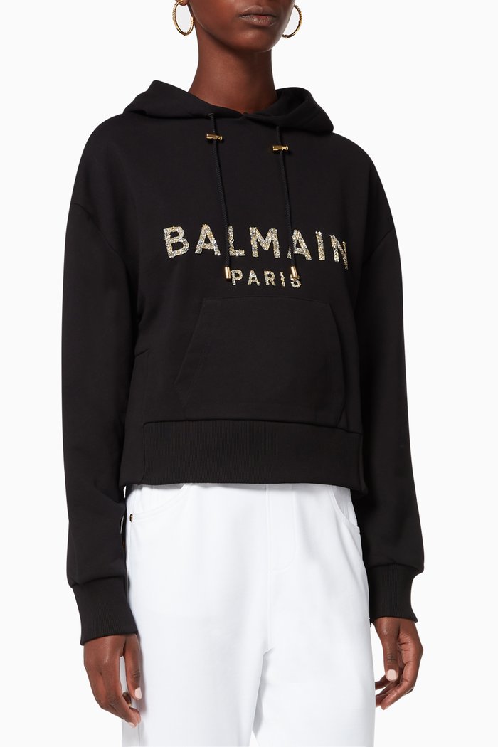 

Sequin-Embellished Logo Crop Hoodie, Black