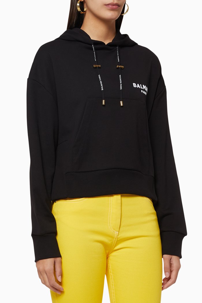 

Flocked Logo Cropped Cotton Hoodie, Black