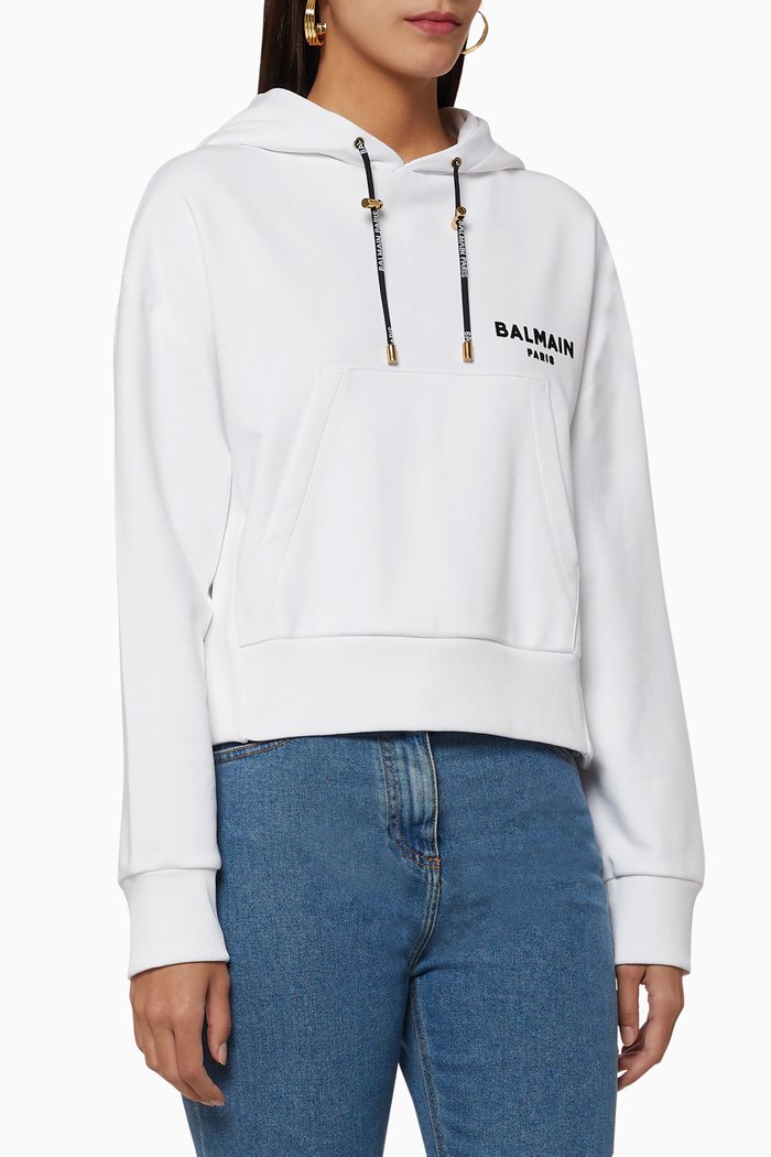 

Flocked Logo Cropped Cotton Hoodie, White