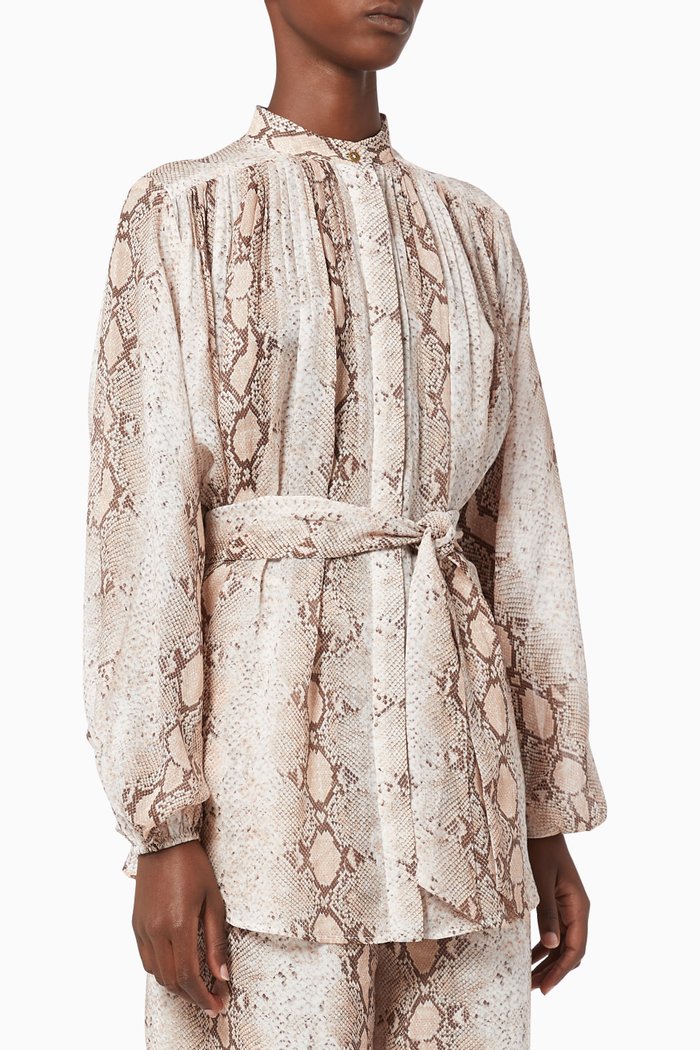 

Bellitude Snake-Print Ramie Blouse, Grey