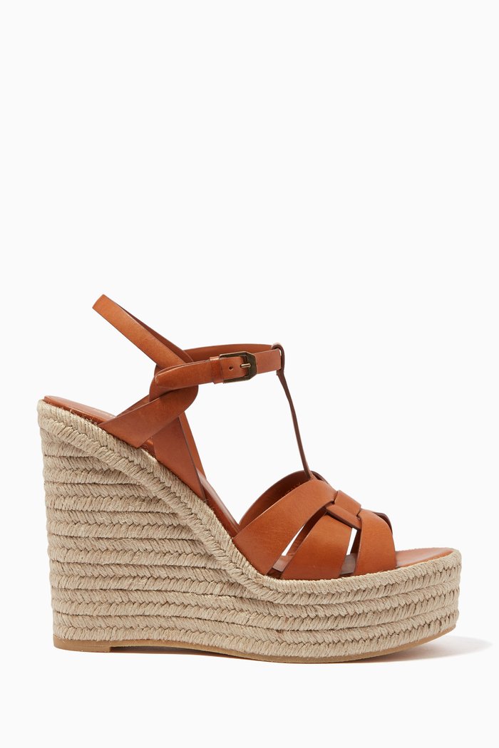 Tribute Platform Espadrille Wedges in Smooth Leather, Brown