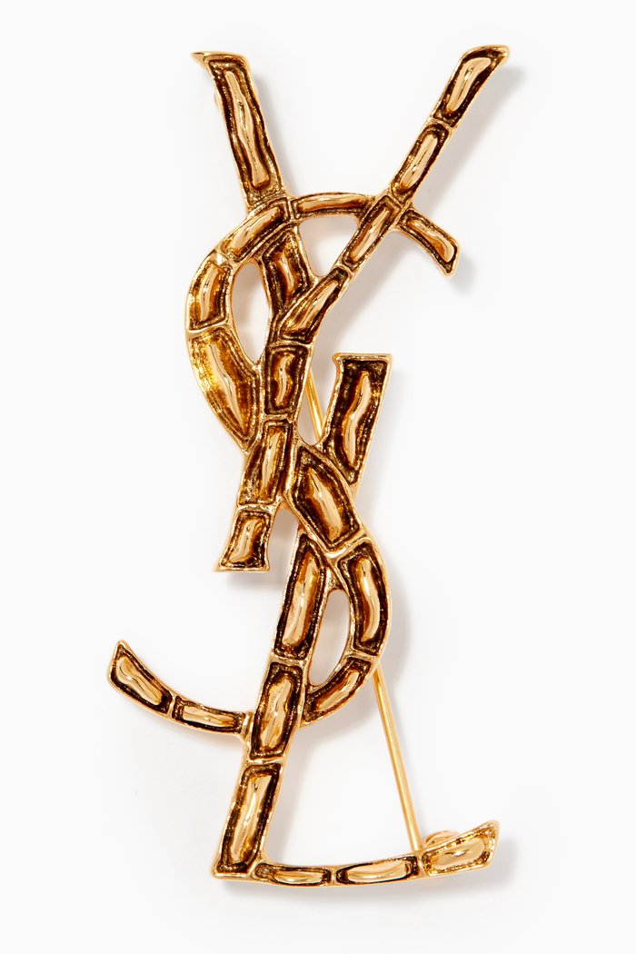 

Opyum Monogram Brooch in Crocodile Embossed Brass, Gold