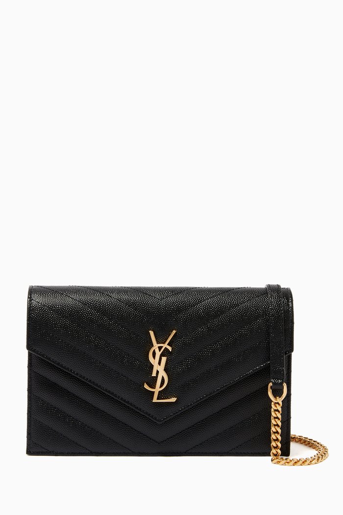 

Monogram Envelope Chain Wallet in Grain de Poudre Embossed Leather, Black