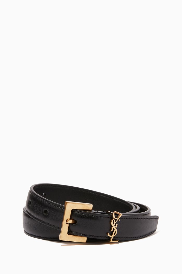 

Monogram Narrow Belt with Square Buckle in Leather, Black