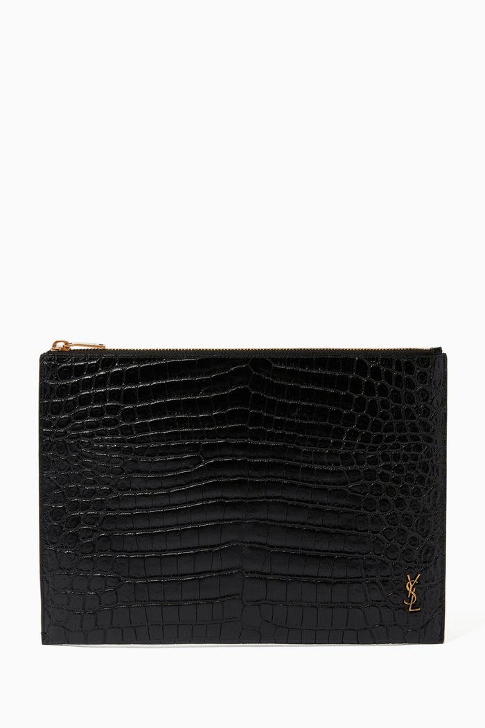 Tiny Monogram Tablet Holder in Crocodile Embossed Matte Leather, Black