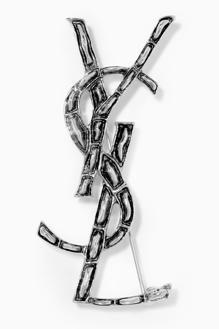 

Opyum Monogram Brooch in Crocodile Embossed Brass, Grey