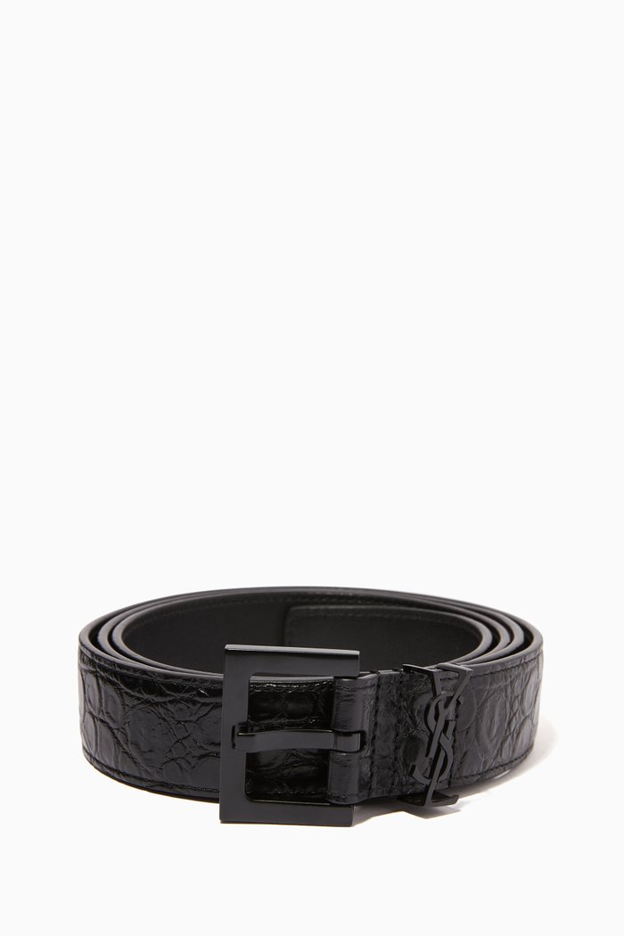 

Monogram Belt with Square Buckle in Crocodile Embossed Leather, Black