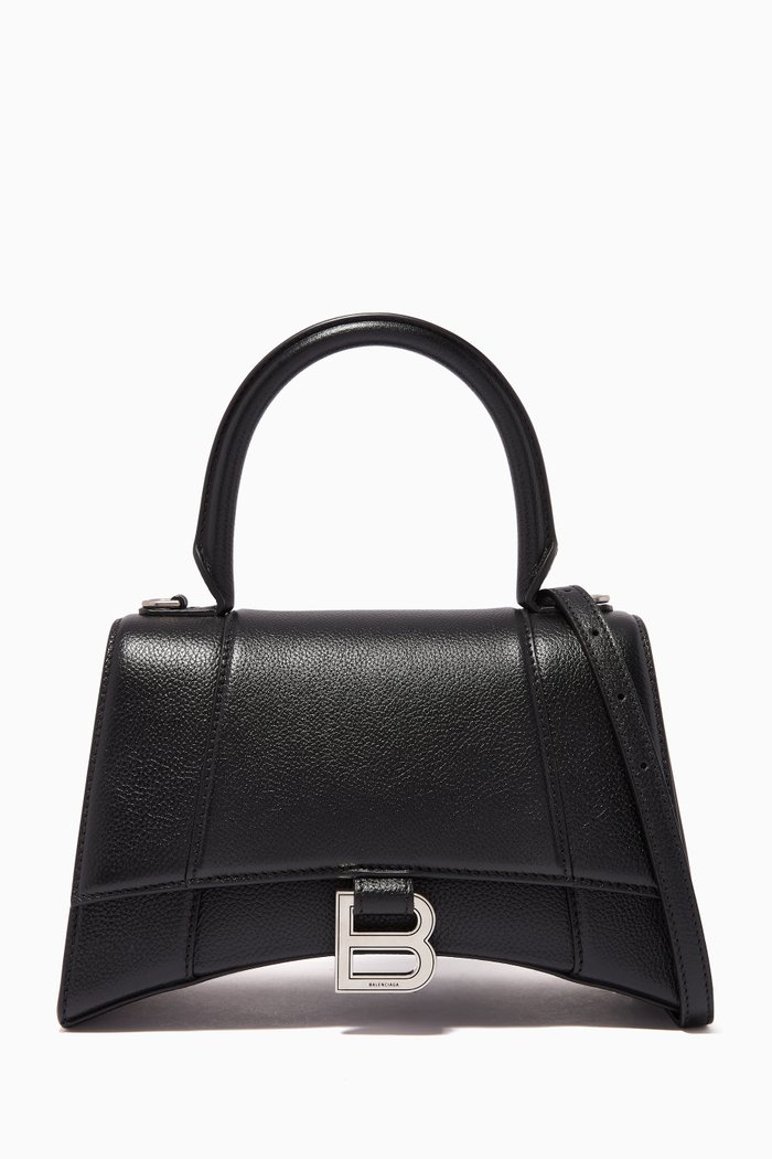 Hourglass Small Top Handle Bag in Grained Calfskin, Black