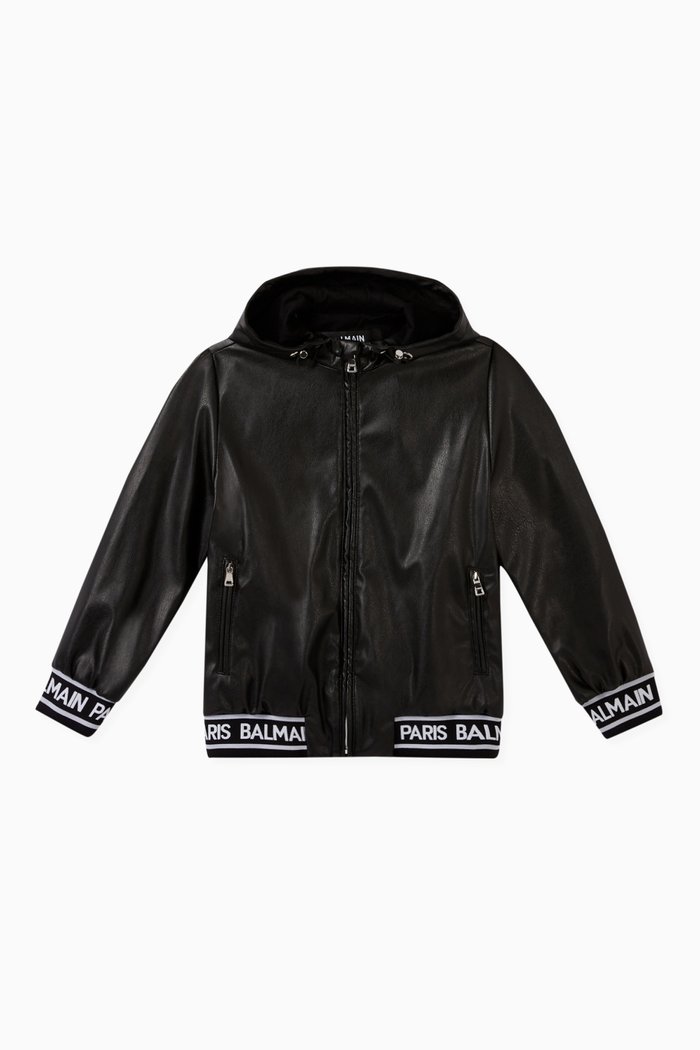 

Logo Leather Hooded Jacket, Black