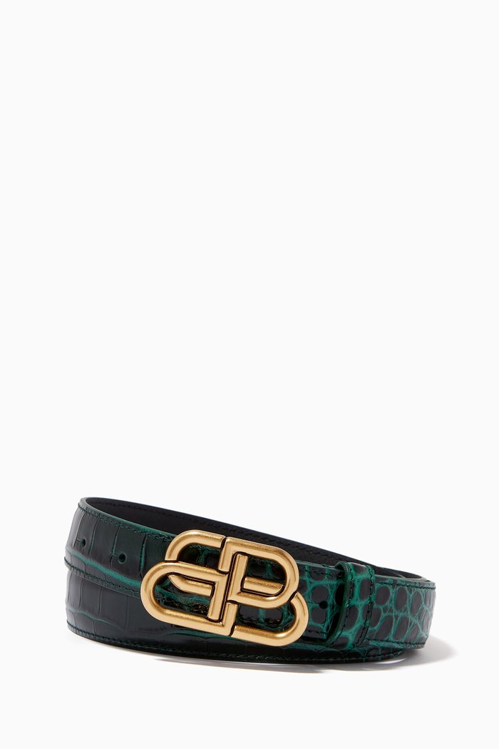 

BB Thin Belt in Shiny Crocodile Embossed Calfskin, Green