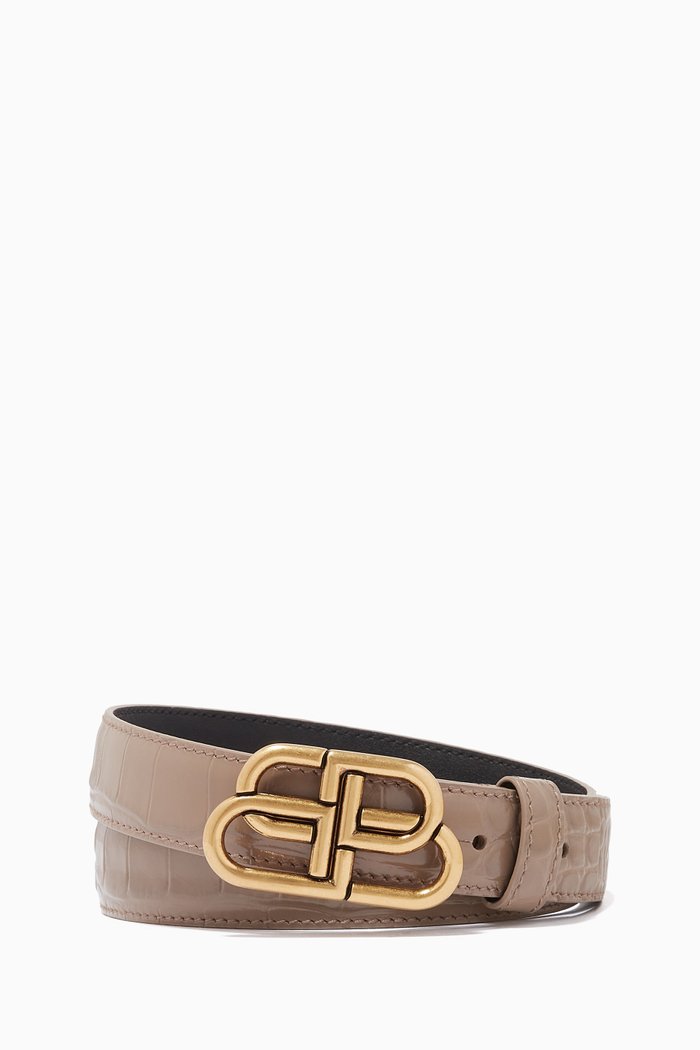 

BB Thin Belt in Shiny Crocodile Embossed Calfskin, Grey