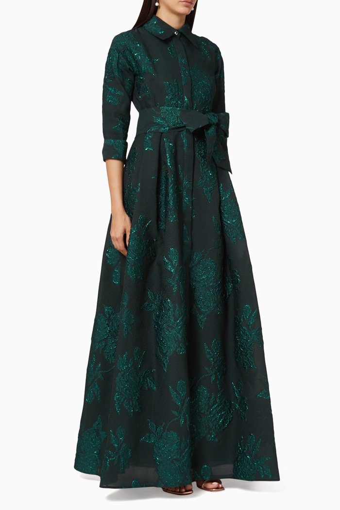 

Metallic Floral Jacquard Shirt Gown, Green