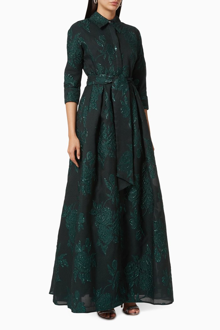 

Metallic Shirt Gown in Floral Jacquard, Green