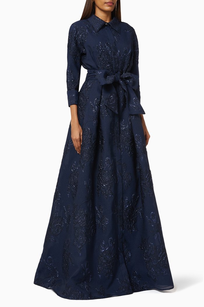 

Metallic Shirt Gown in Floral Jacquard, Blue