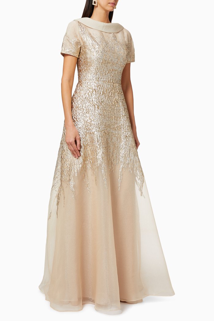 

Organza & Metallic Jacquard Evening Gown, Neutral