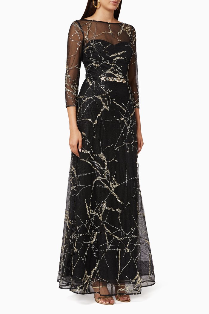 Beaded Tulle Gown, Black