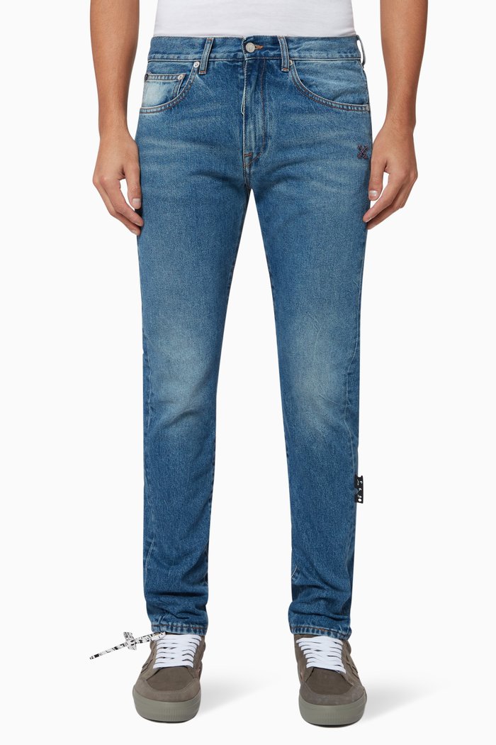 

Diagonal Print Slim-Fit Jeans, Blue