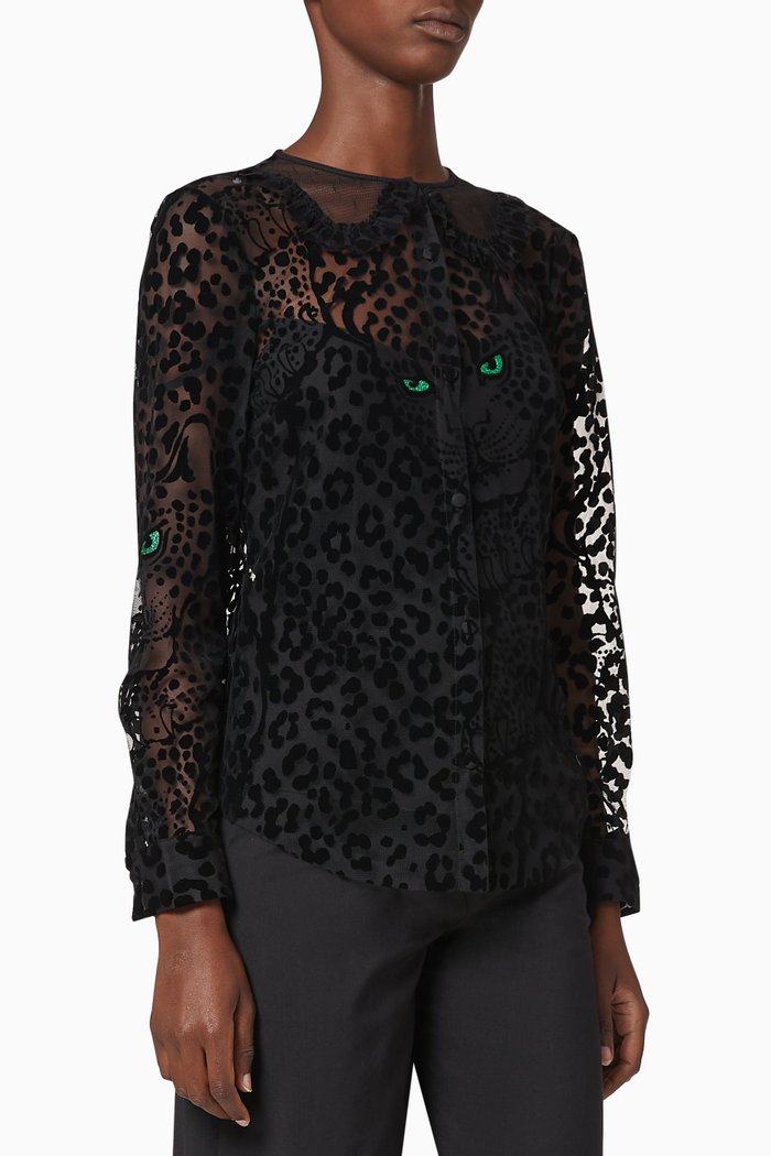 

Tulle Flock Leopard Print Top, Black