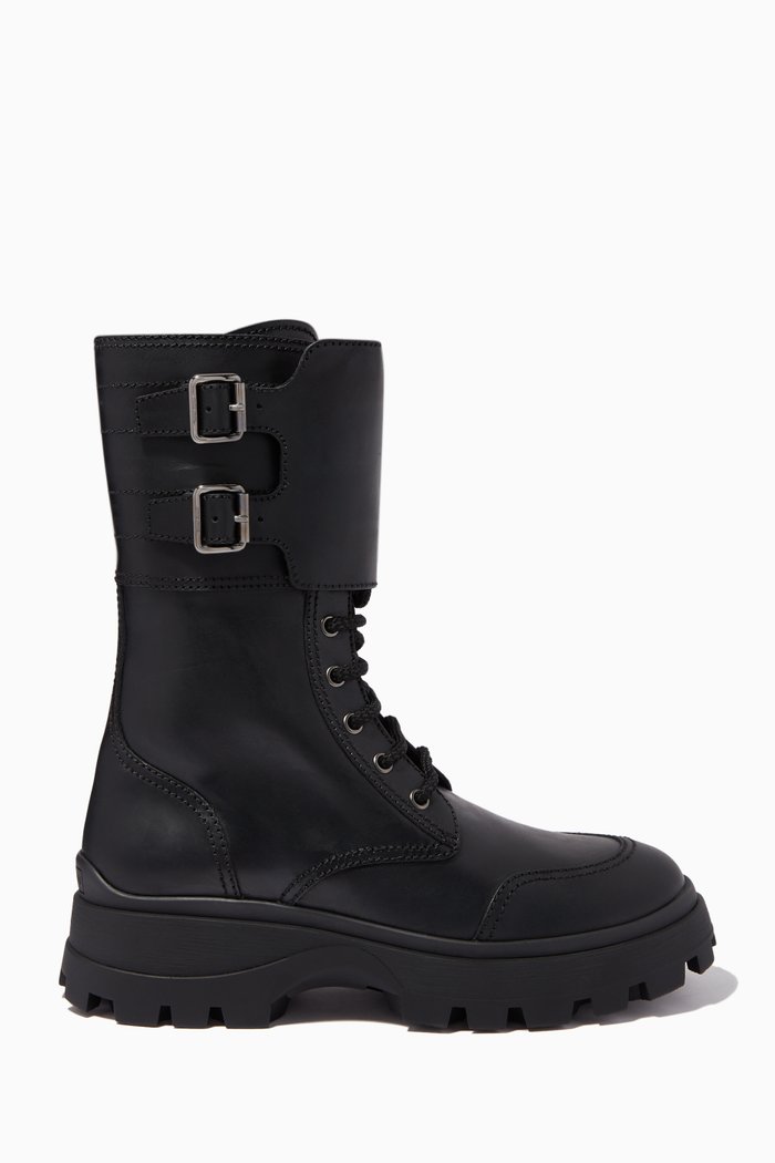 

Buckled Laced Boots in Leather, Black