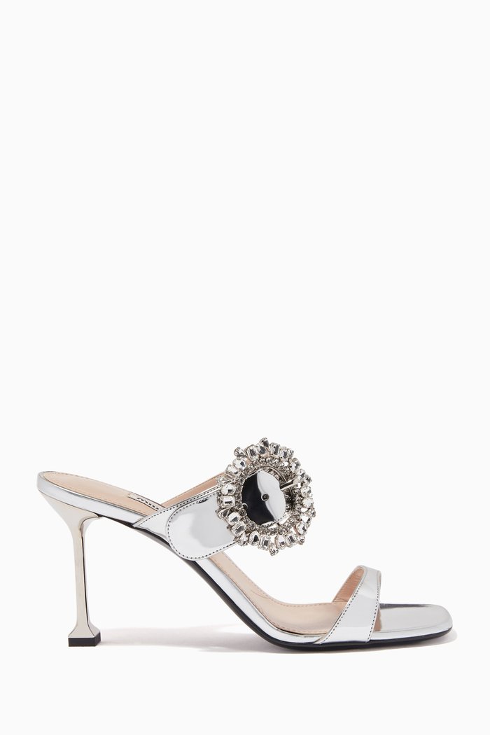 Jewelled Buckle 85 Mules in Technical Metal, Silver