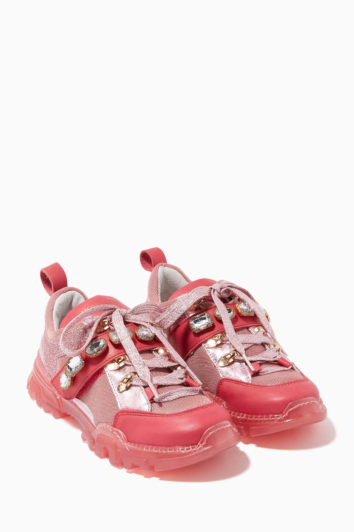Maxi Rhinestones Leather Sneakers, Red