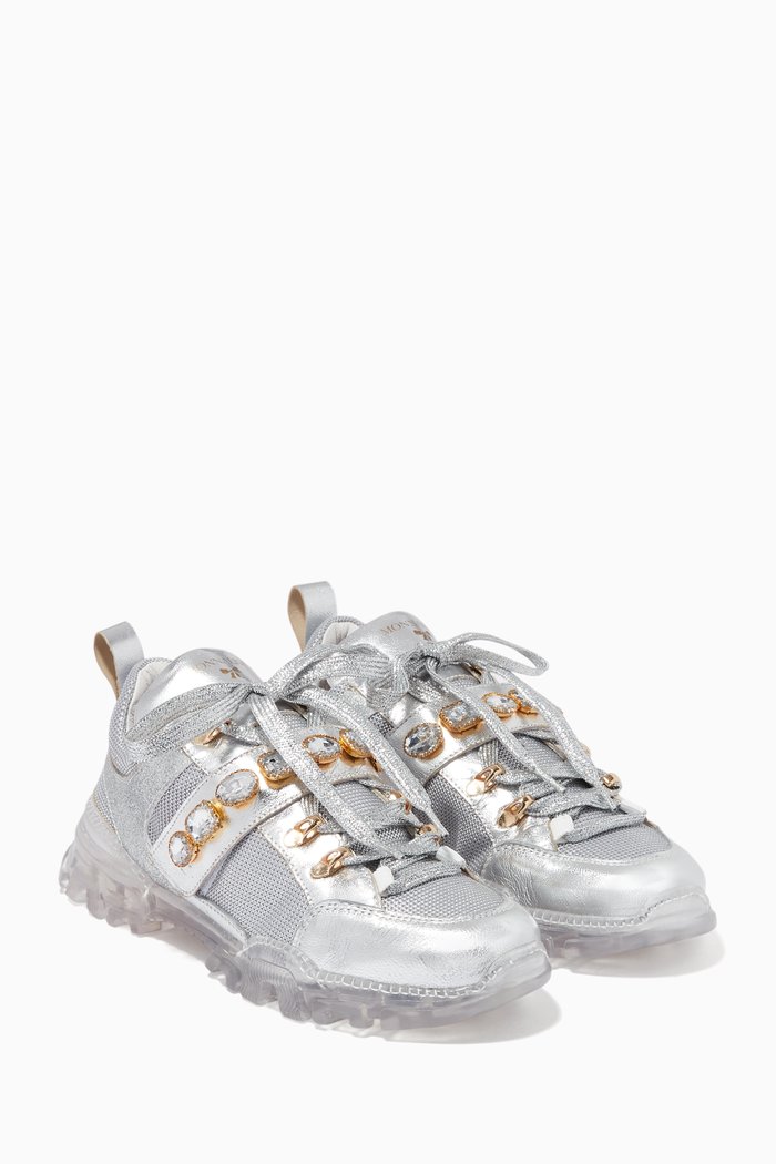 

Maxi Rhinestones Leather Sneakers, Silver