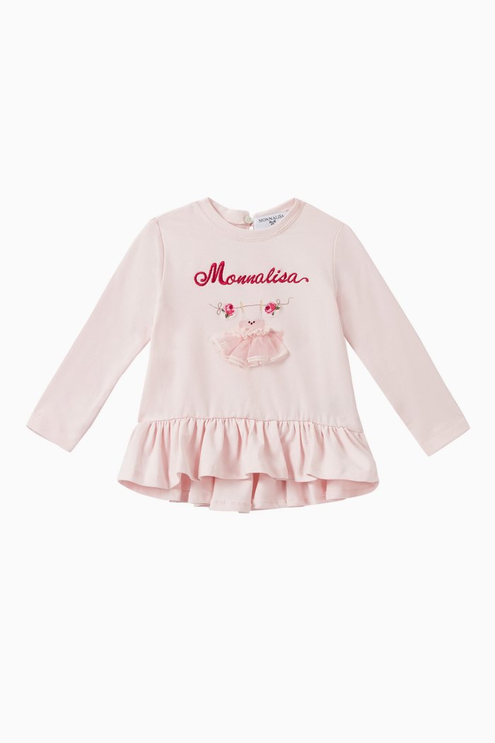 

Embroidered Ruffled Cotton T-Shirt, Pink