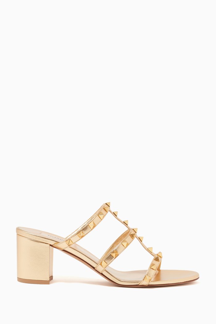

Valentino Garavani Rockstud Slide Sandals in Metallic Leather, Gold