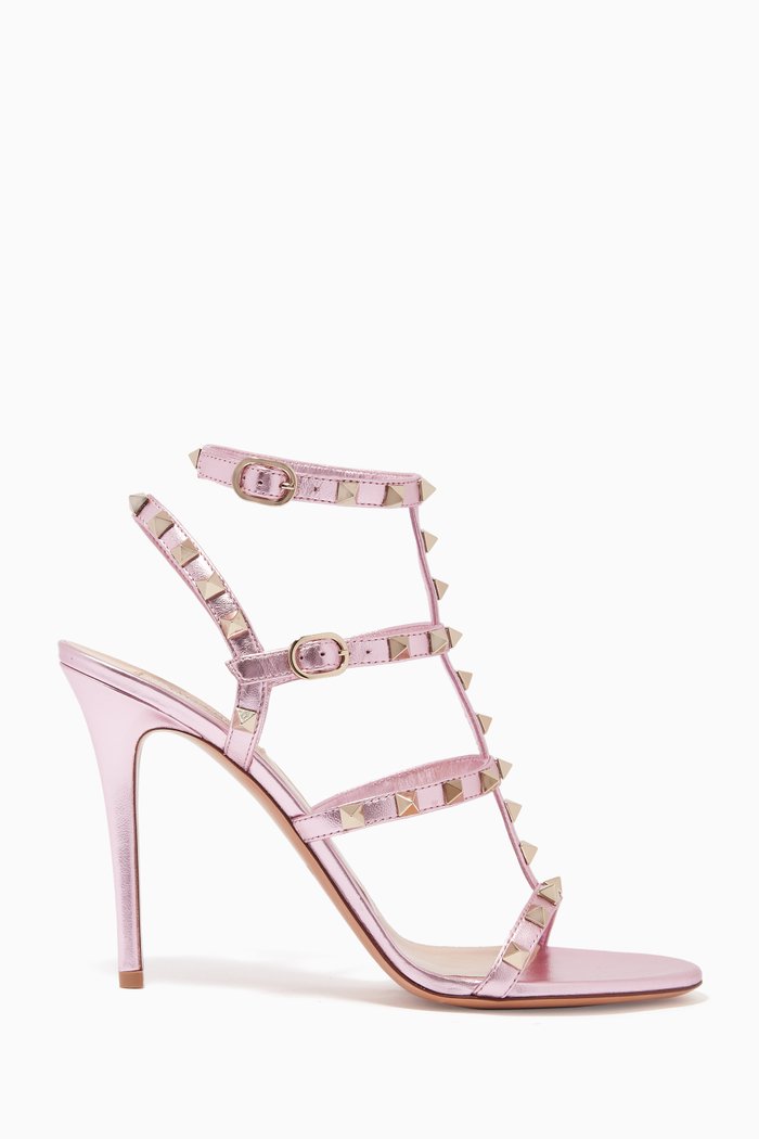 

Valentino Garavani Rockstud Sandals in Metallic Nappa, Pink