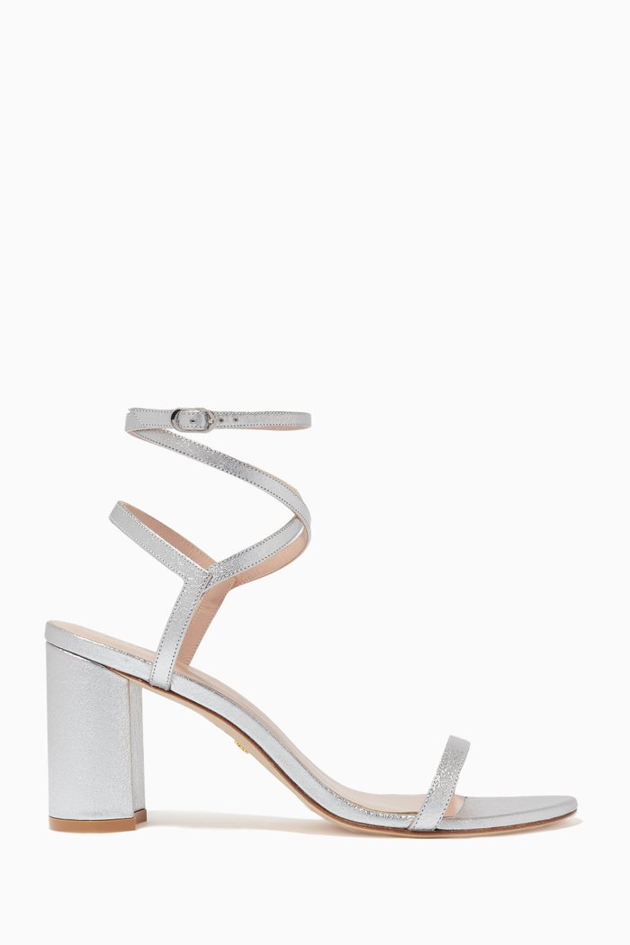 

The Merinda Block 75 Sandals in Metallic Leather, Silver