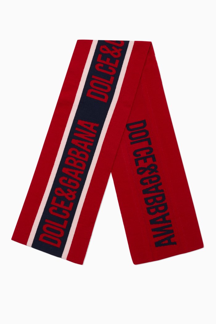 

Logo Striped Scarf in Wool, Red