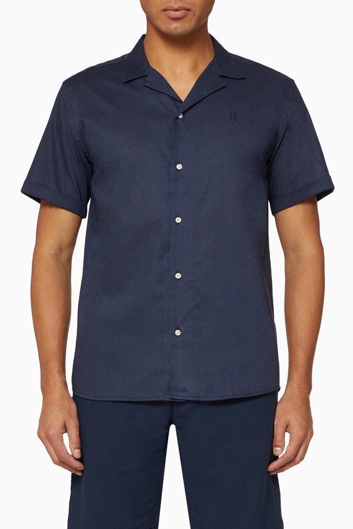 Simon Short Sleeve Cotton-Linen Shirt, Blue