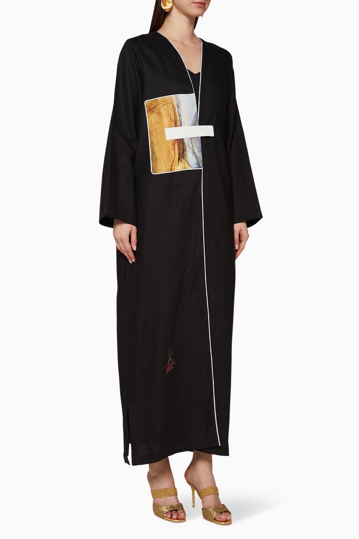 

Contrasting Panel Linen Abaya, Black
