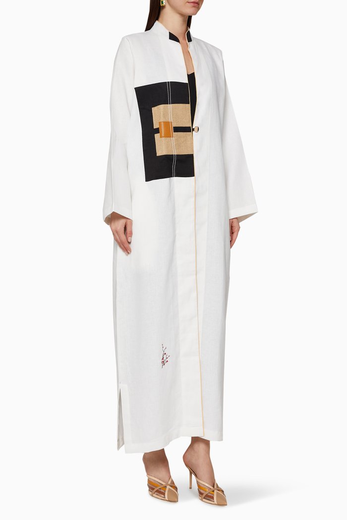 

Contrasting Panel Linen Abaya, White