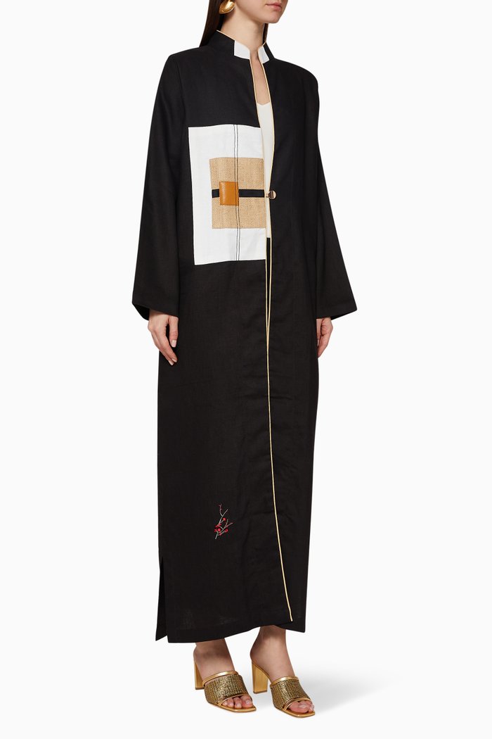

Contrasting Panel Linen Abaya, Black