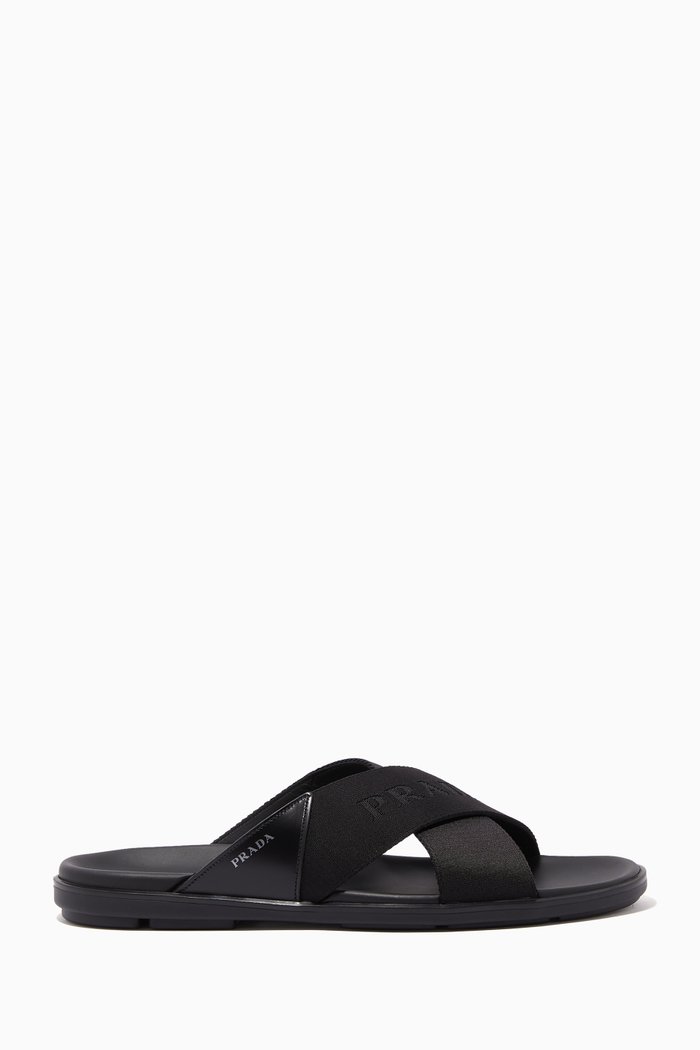 

Logo Crisscross Sandals in Leather & Nylon, Black