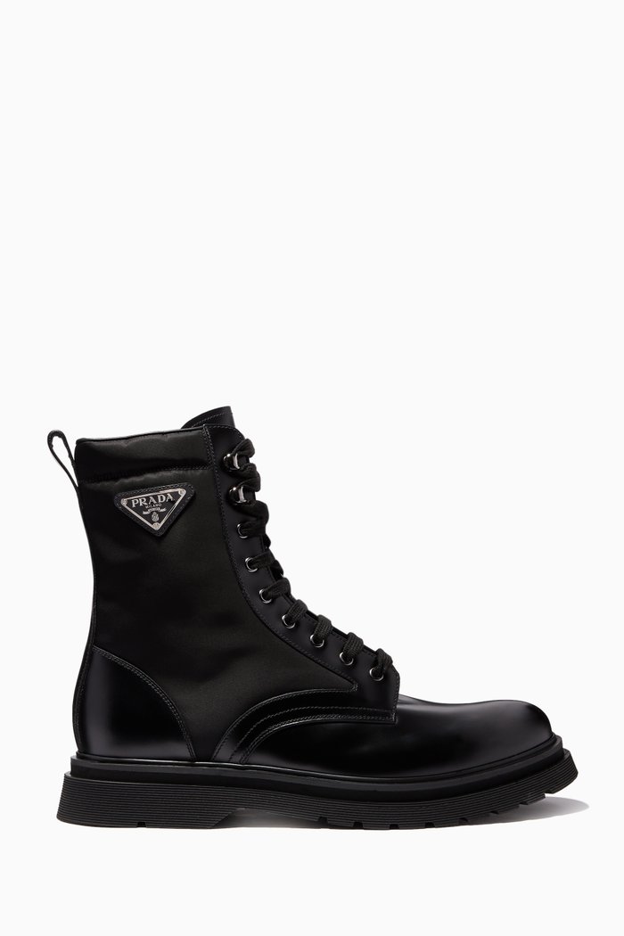 

Triangle Logo Boots in Brushed Leather & Nylon, Black