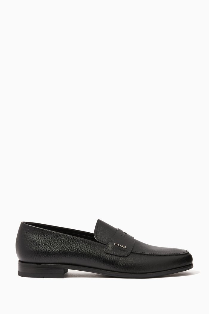 

Metal Logo Loafers in Saffiano Leather, Black