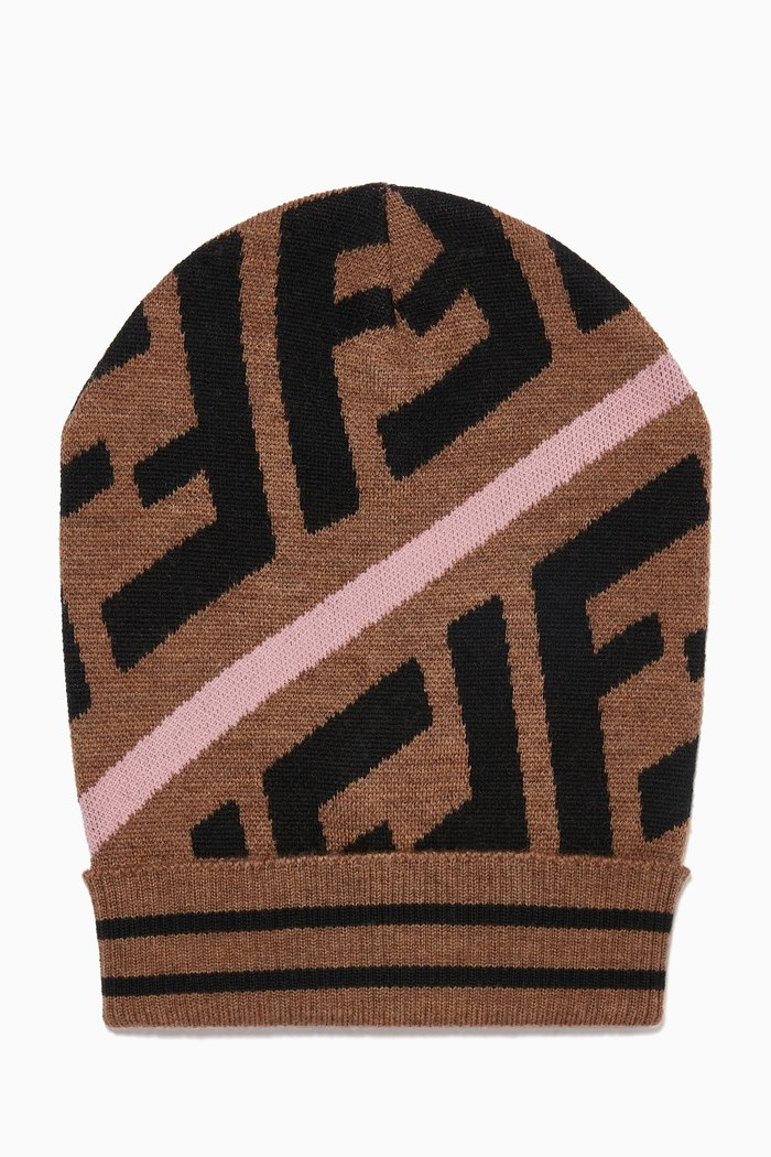 

FF Logo Beanie in Wool Knit, Brown